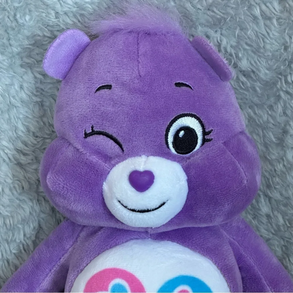 Care Bears Share Bear Plush 9” Purple Stuffed Animal Winking Toy Heart Lollipops